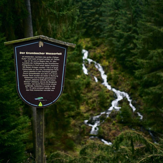 Eine Holztafel informiert über den Grumbacher Wasserfall, der im Hintergrund durch den Wald stürzt.