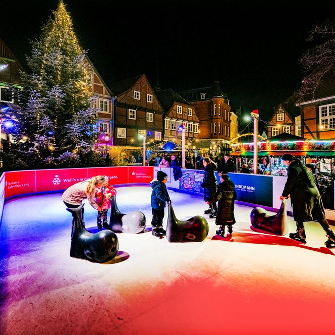 Kinder und Erwachsene fahren Schlittschuh auf bunter Eisbahn vor Fachwerkhäusern und Tannenbaum.