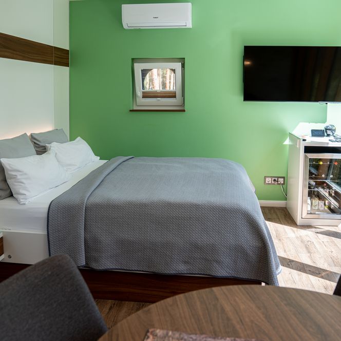 Helles Zimmer mit Doppelbett, grüner Wand und Blick in den Wald