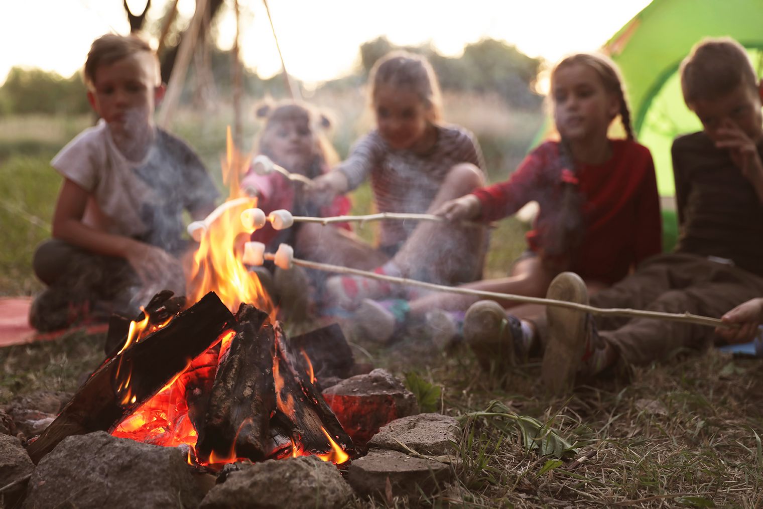Kinder sitzen am Lagerfeuer und grillen Marshmallows.