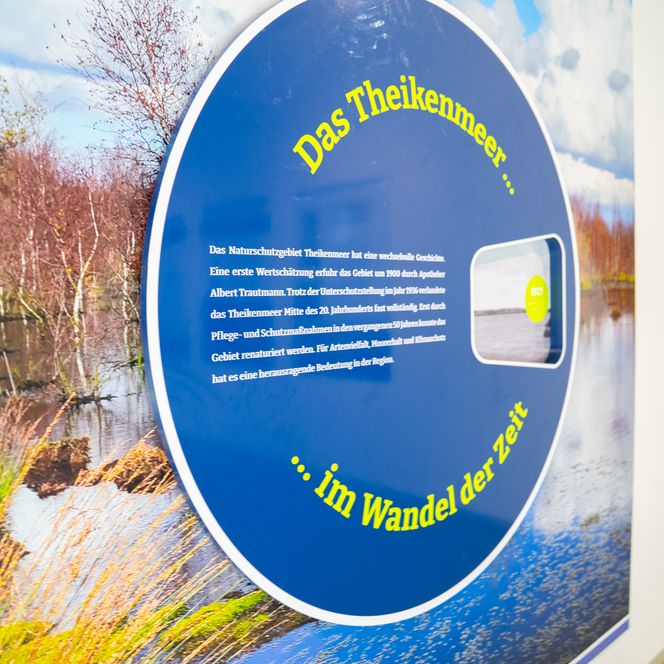 Blaue Infotafel „Das Theikenmeer im Wandel der Zeit“ mit Moorlandschaft im Hintergrund.