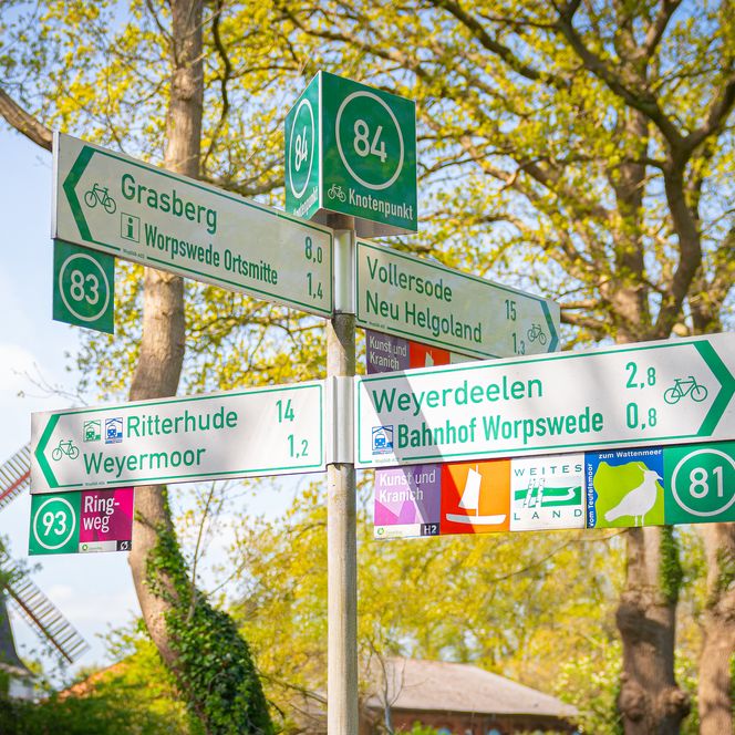 Wegweiser des Radknotenpunkts 84 in Worpswede mit Zielen wie Grasberg und Ritterhude, umgeben von Bäumen.