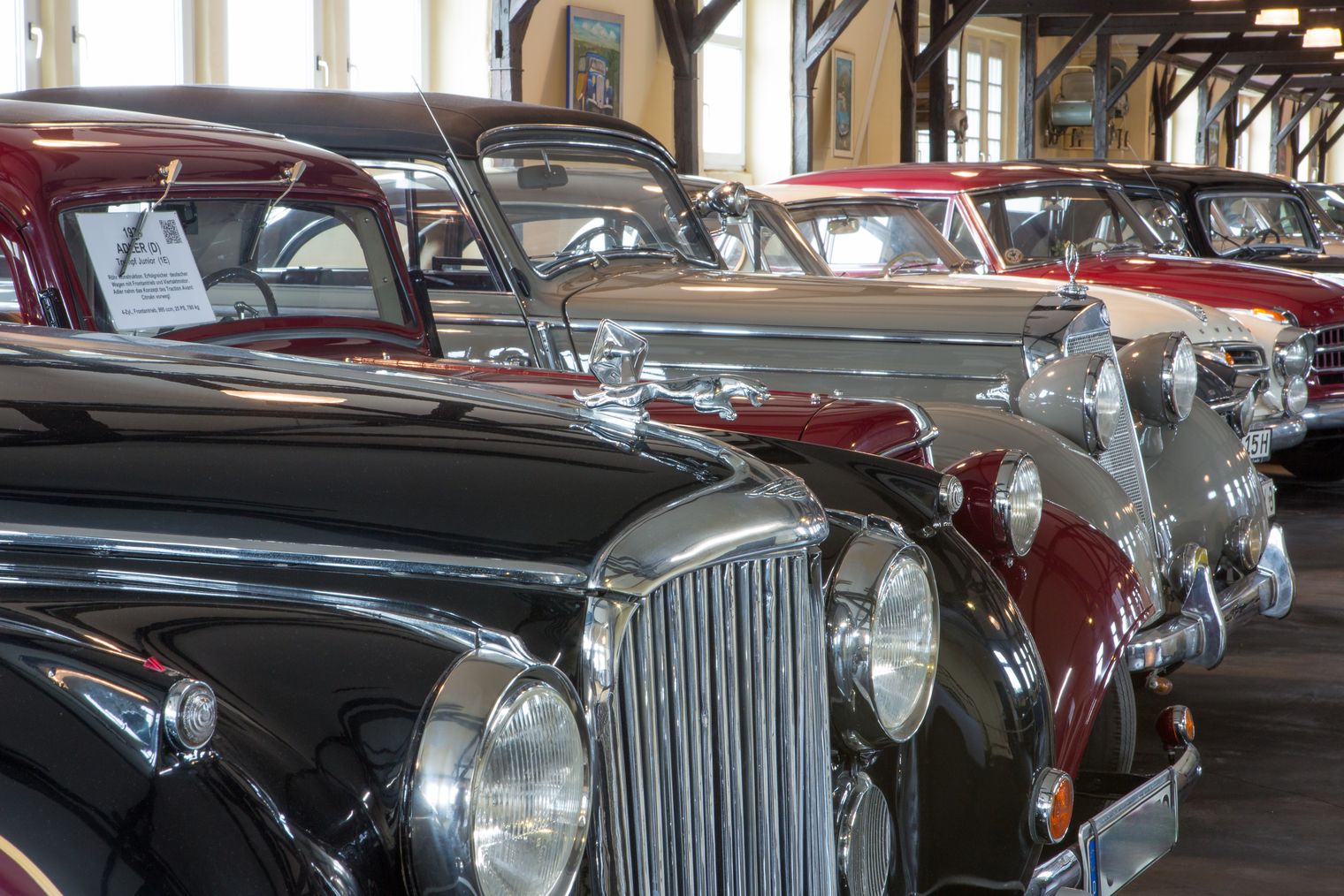 Klassische Oldtimer-Autos in einer Reihe, drinnen im Museum fotografiert.