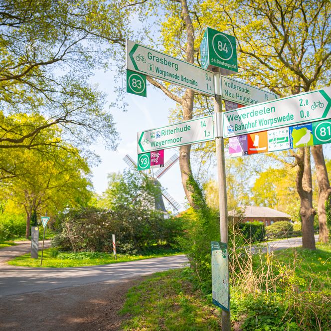 Wegweiser im Teufelsmoor bei Worpswede mit Radwegen und Mühle im Hintergrund unter grünem Blätterdach.