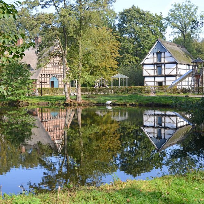 Dorfkrug und Speicher des Museumsdorfs spiegeln sich auf der Oberfläche eines Teiches.