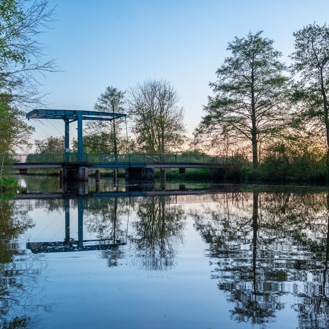 Hammebrücke im Teufelsmoor, umgeben von Bäumen im Abendlicht.