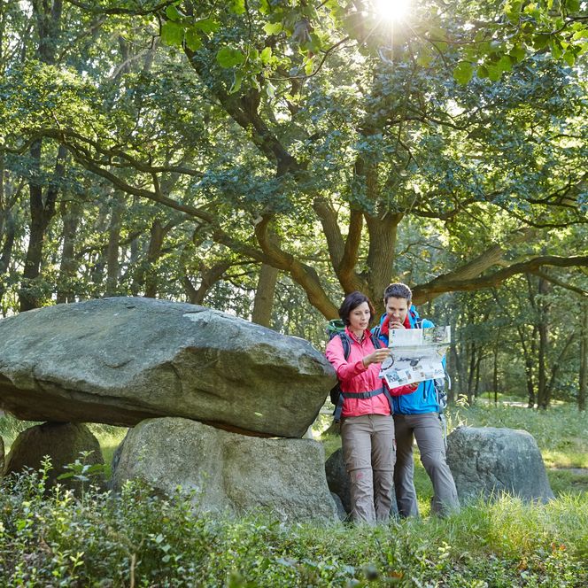 Zwei Wandernde betrachten eine Karte neben dem Großsteingrab Deymanns Mühle im Wald.