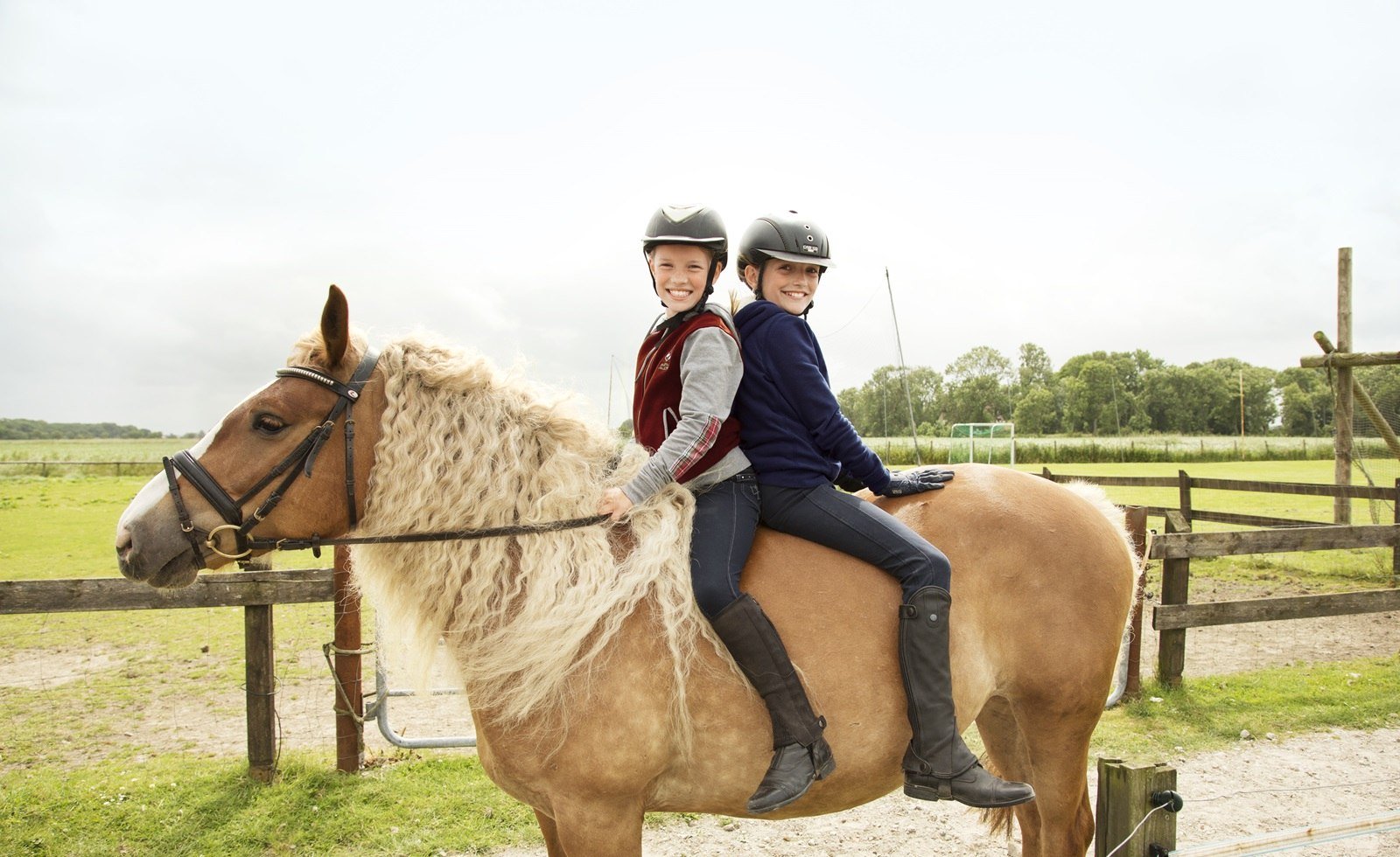 Zwei Kinder reiten auf einem Pferd, © Familotel Frieslandstern