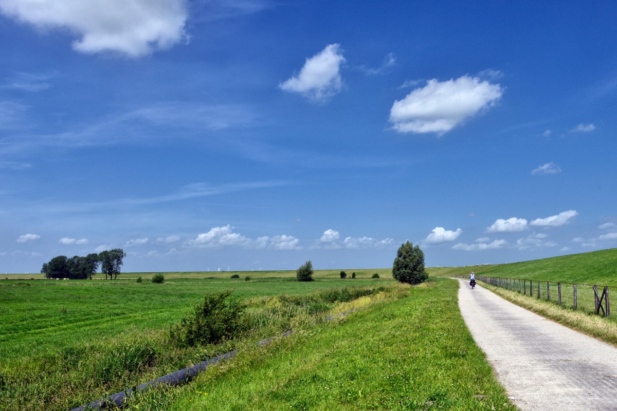 Landschaft mit Radwanderin bei Hatzum in der Gemeinde Jemgum, Landkreis Leer, Südliches Ostfriesland, © Dieter Schinner 