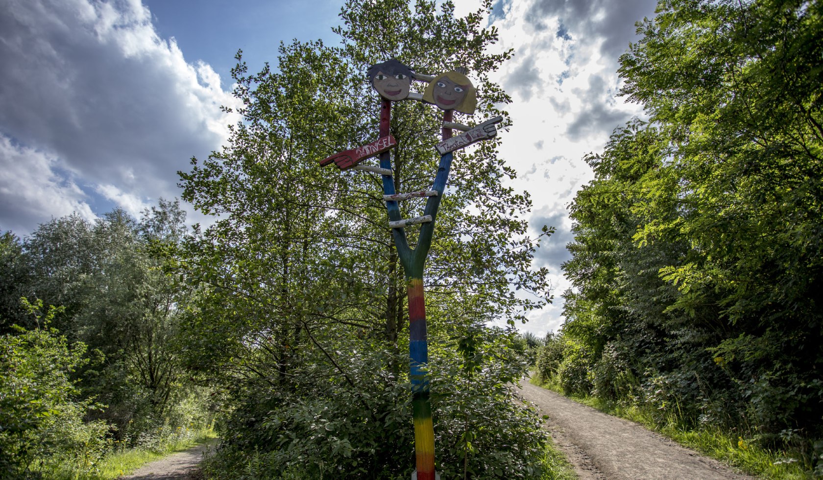 Wegweiser im Eingangsbereich des Kinderwaldes, © Kinderwald Hannover/ Nader Ismail