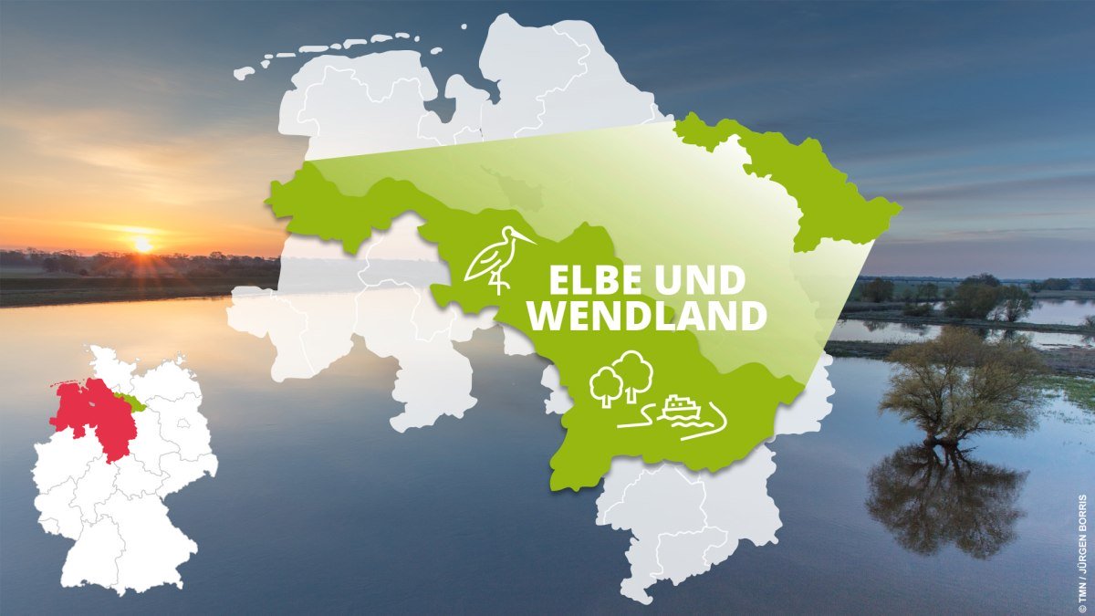 Kartenübersicht: Lage der Urlaubsregion Elbe und Wendland in Niedersachsen und typische Sehenswürdigkeiten