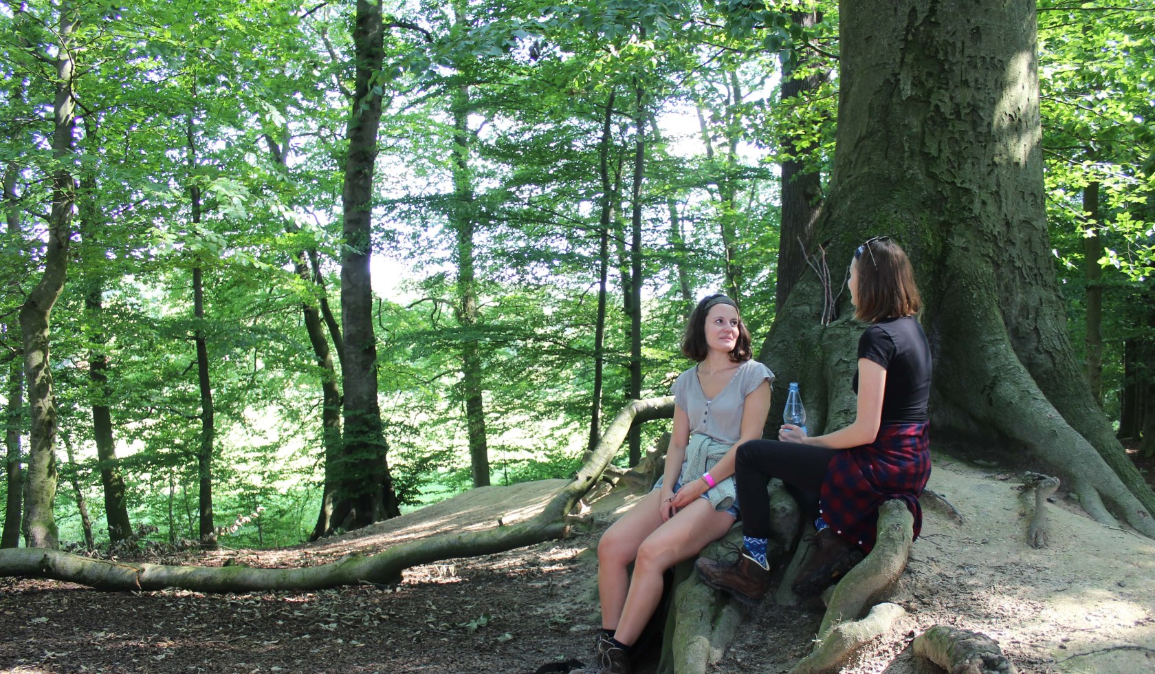 Zwei Frauen machen Pause auf Baumstamm, Wandern auf Rezept, © Hasetal Touristik GmbH