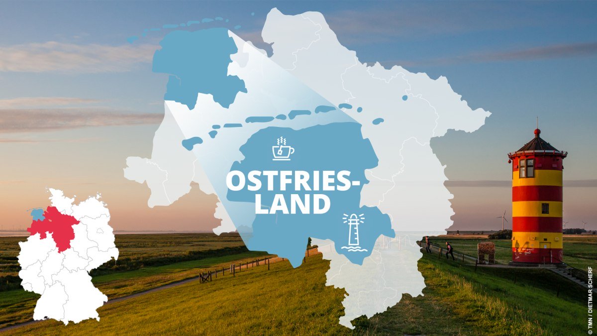 Kartenübersicht: Lage von Ostfriesland in Niedersachsen und typische Sehenswürdigkeiten