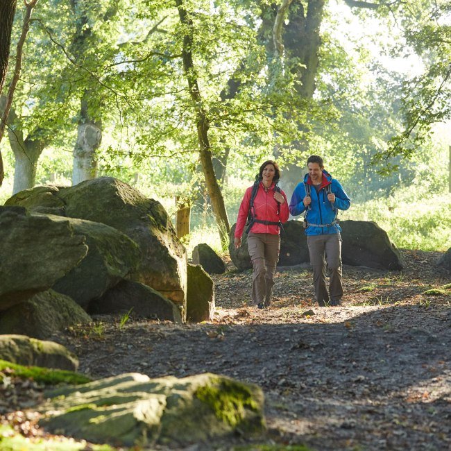 Zwei Wanderer beim Großsteingrab Deymanns Mühle, © Naturpark Hümmling
