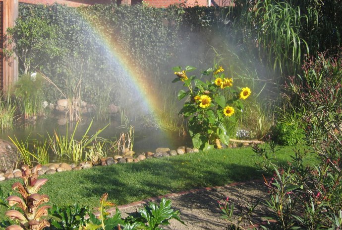 Regenbogen aus der Regenbogenmaschine., © Bibelgarten Werlte e.V. / Maria Strickerschmidt