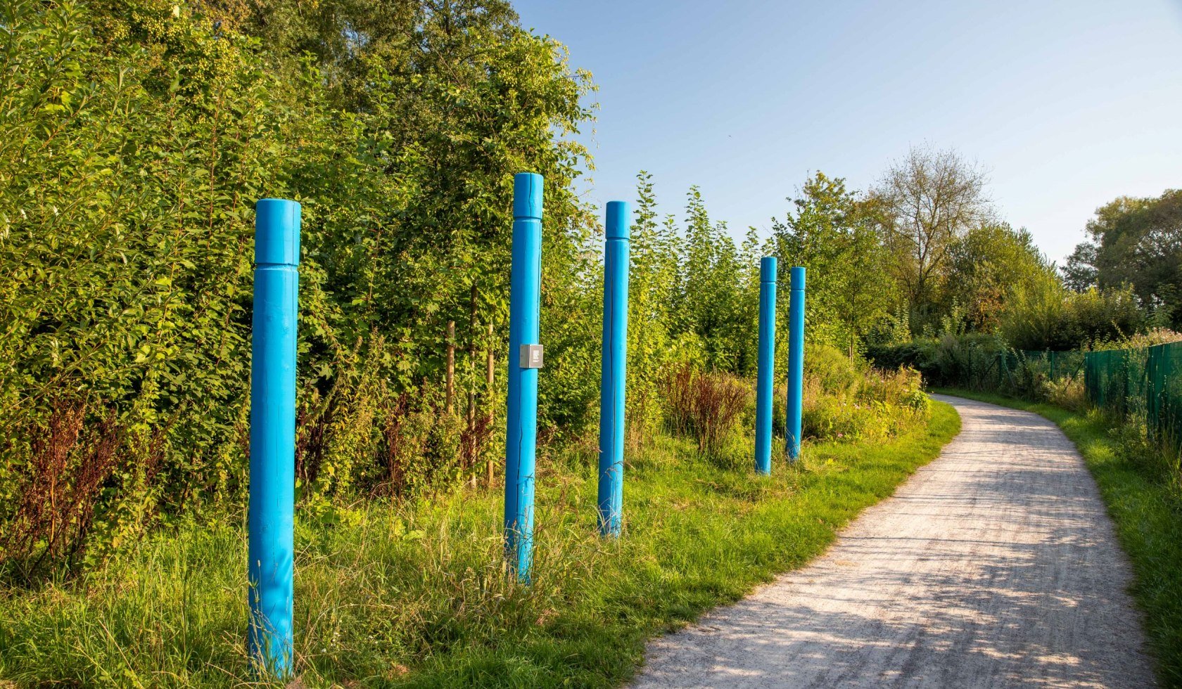 Blaue Pfeiler stehen entlang des Zwischenahner Meerweges, © Bad Zwischenahner Touristik GmbH/ Martin Stöver